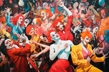 Colorful painting of clowns dancing at a lively party