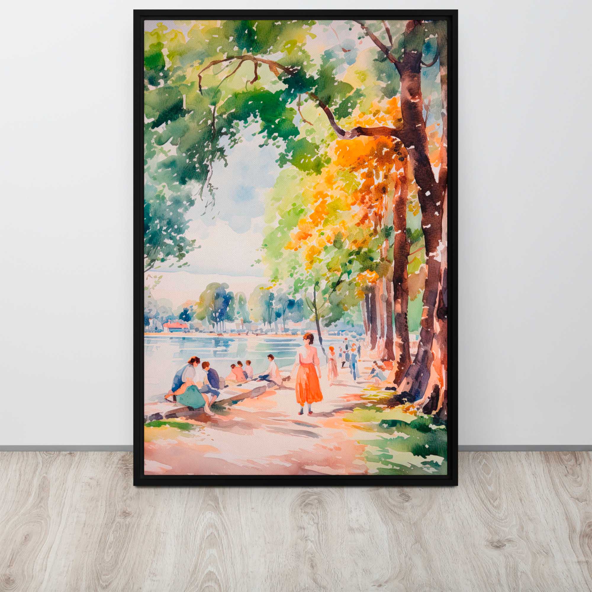Framed watercolor painting of a park scene with people and trees.