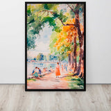 Framed watercolor painting of a park scene with people and trees.