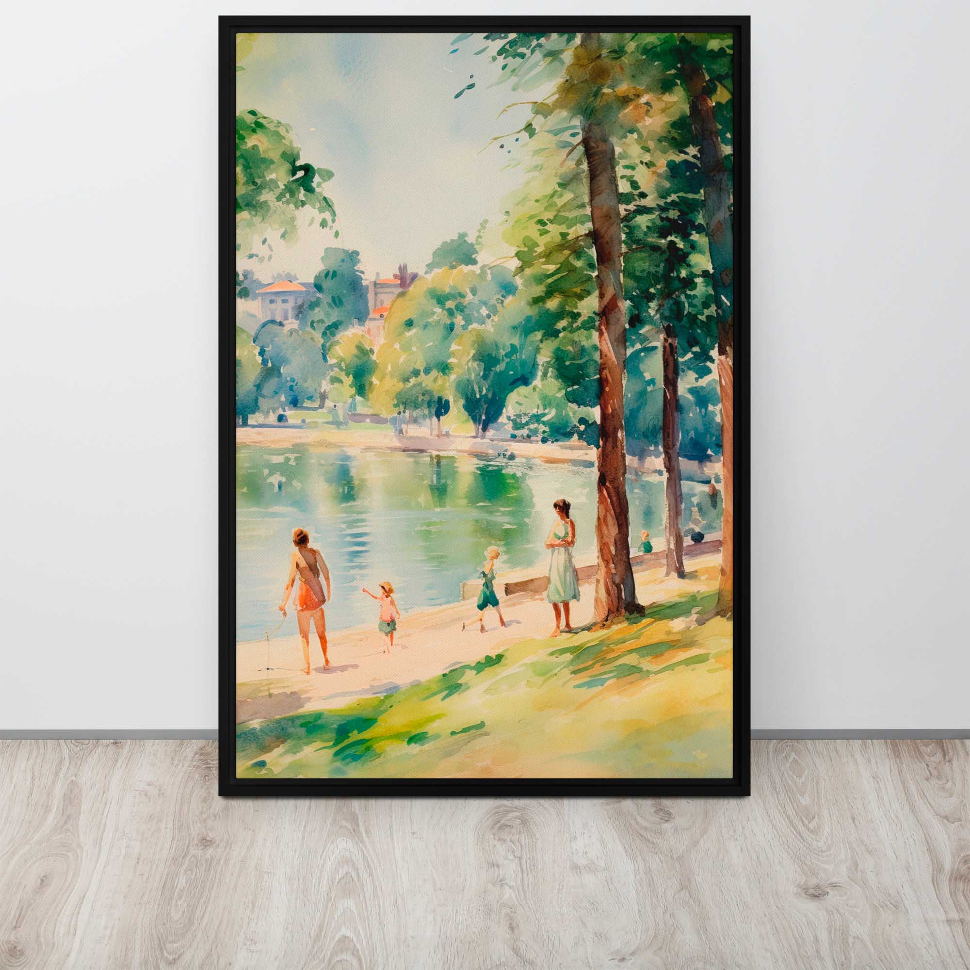 Framed artwork of a family by a lake with trees