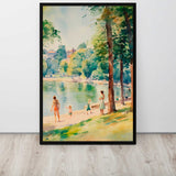 Framed artwork of a family by a lake with trees