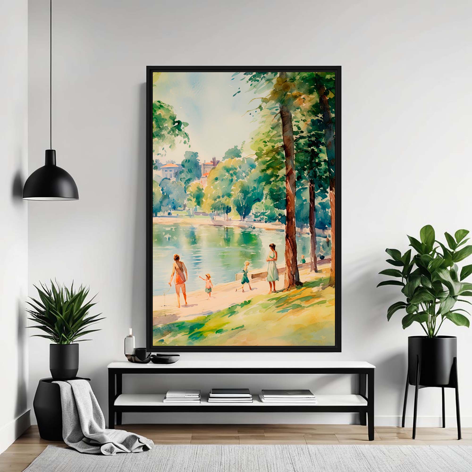 Framed painting of a park scene with people by a lake in a modern living room.