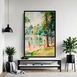 Framed painting of a park scene with people by a lake in a modern living room.