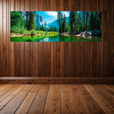 Panoramic landscape of a forest and lake on a wooden wall and floor.