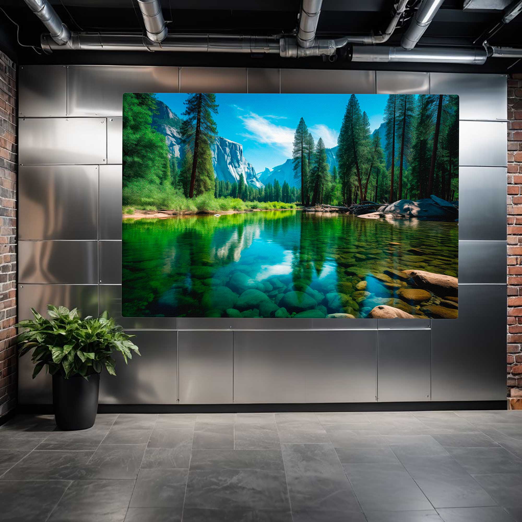 Large TV screen displaying a scenic view of a lake and forest in a modern room.