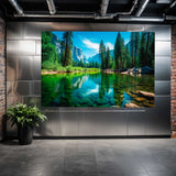 Large TV screen displaying a scenic view of a lake and forest in a modern room.