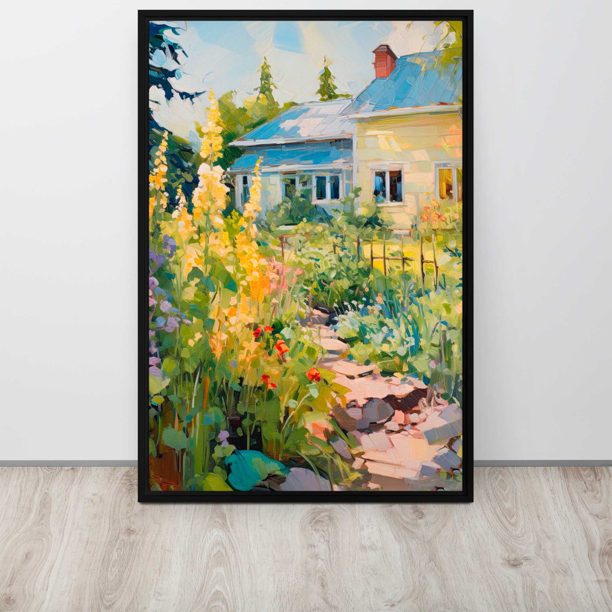  Blooms of Bliss – Art Fusion framed canvas print of a flower-lined garden path  on display