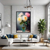 Modern living room with a white sofa, colorful pillows, and a floral painting on the wall.