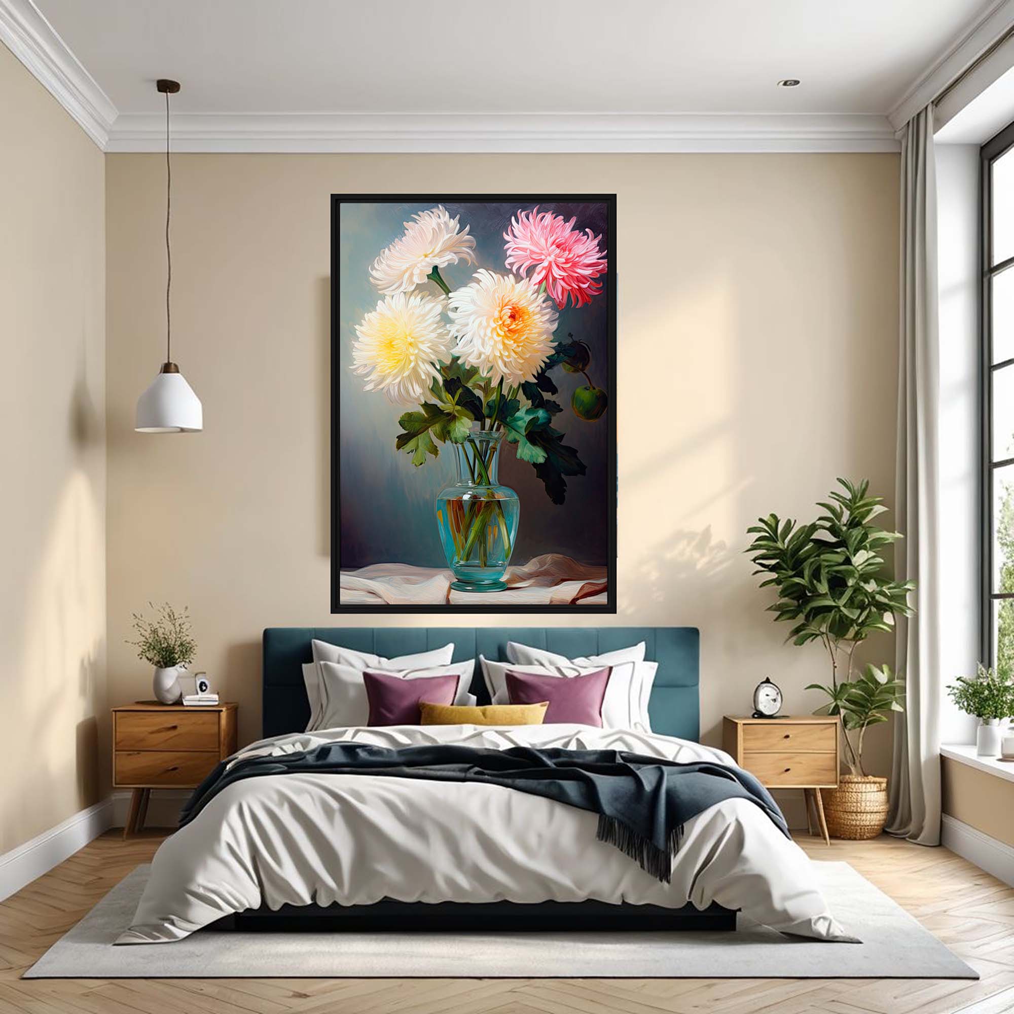 Modern bedroom with a floral painting on the wall, bed with pillows, and side tables.