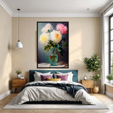 Modern bedroom with a floral painting on the wall, bed with pillows, and side tables.