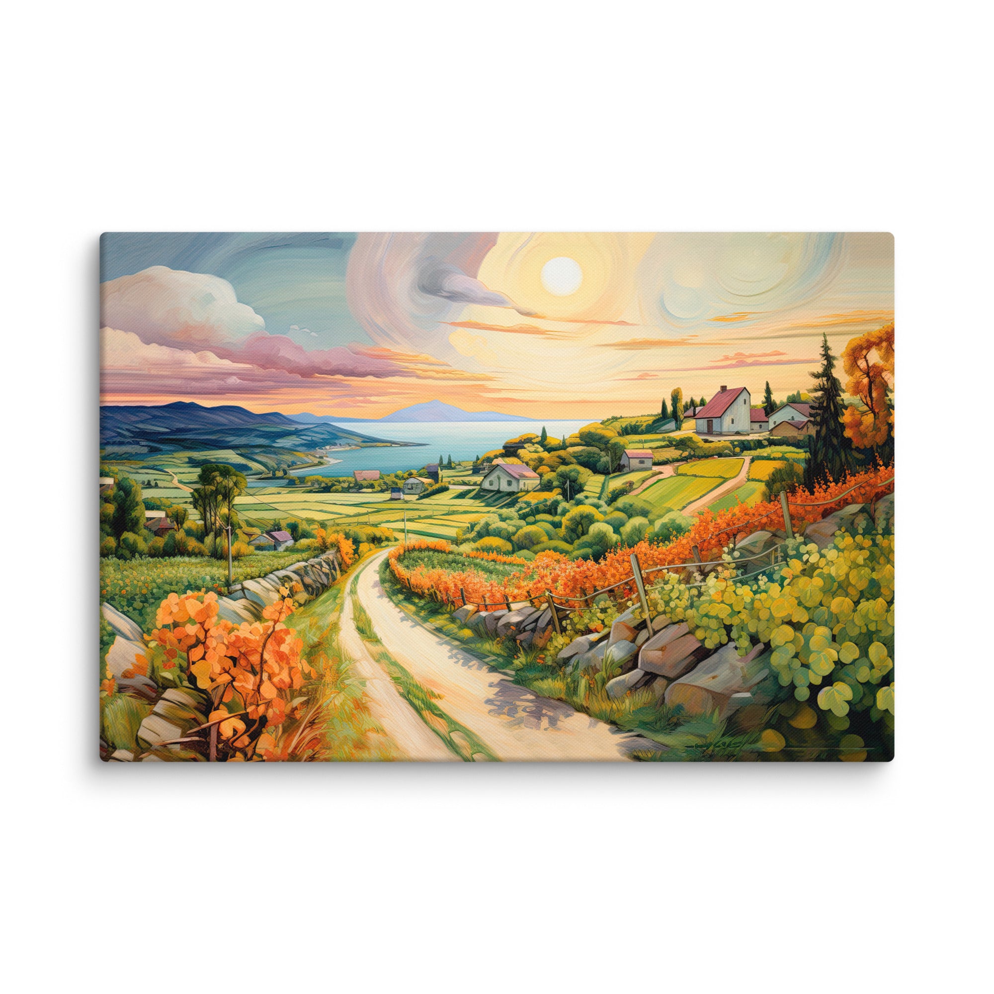 Breathtaking Rural Farm Painting - Scenic Lake and Farms