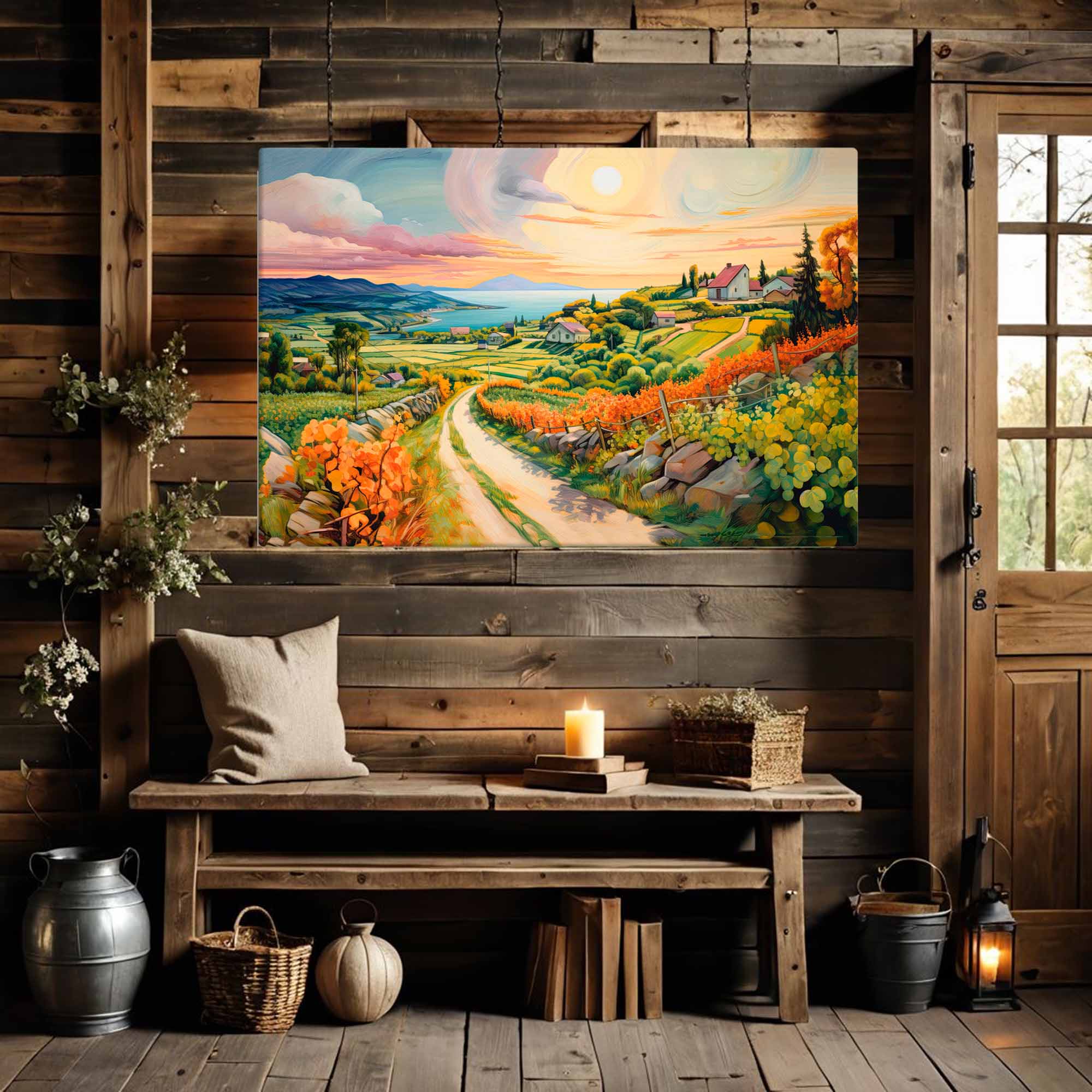  Breathtaking Rural Farm Painting – Art Fusion canvas print of a farm alongside a scenic lake – Art Fusion Store
