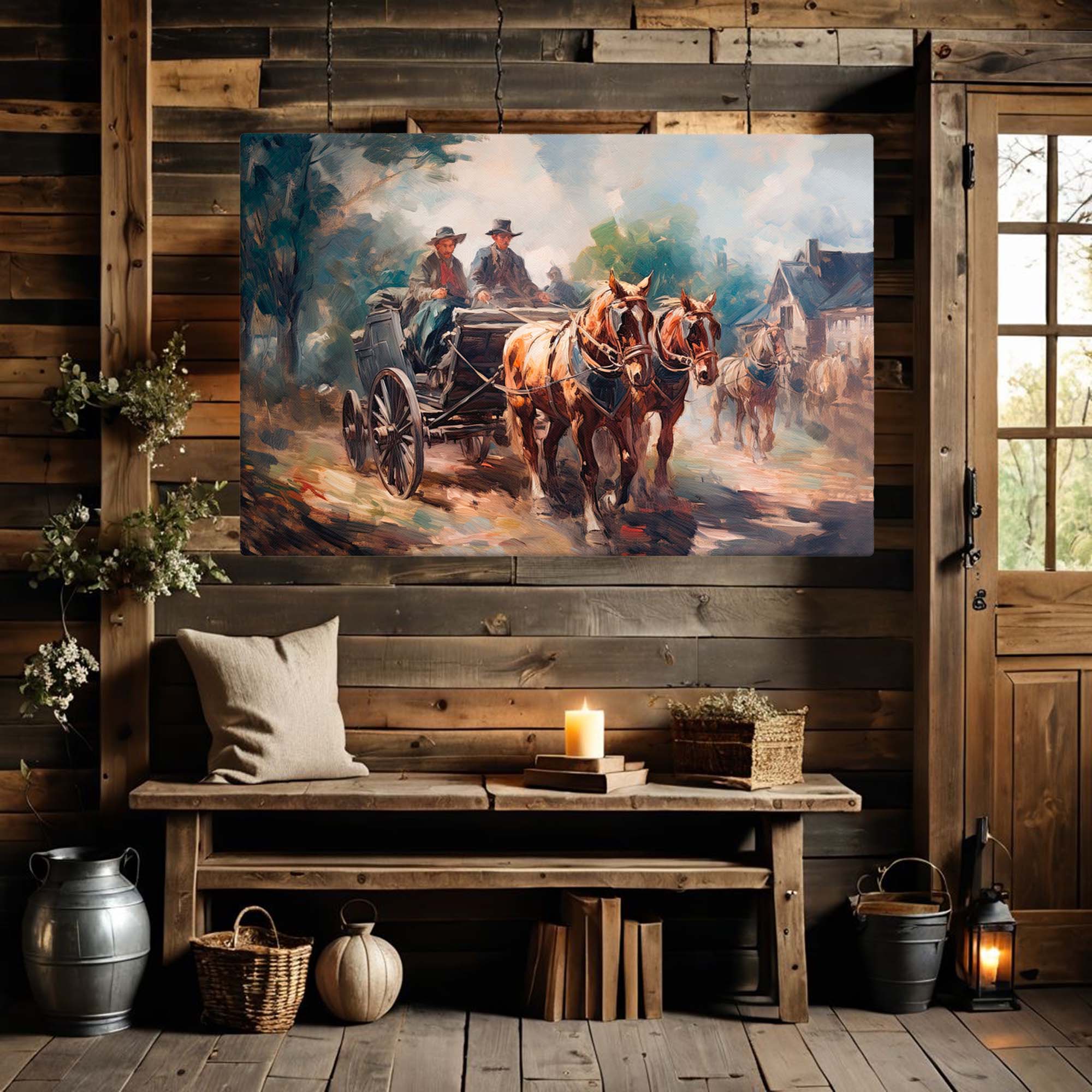 Men on Horse-Drawn Buggy Painting - Early Western Europe Scene