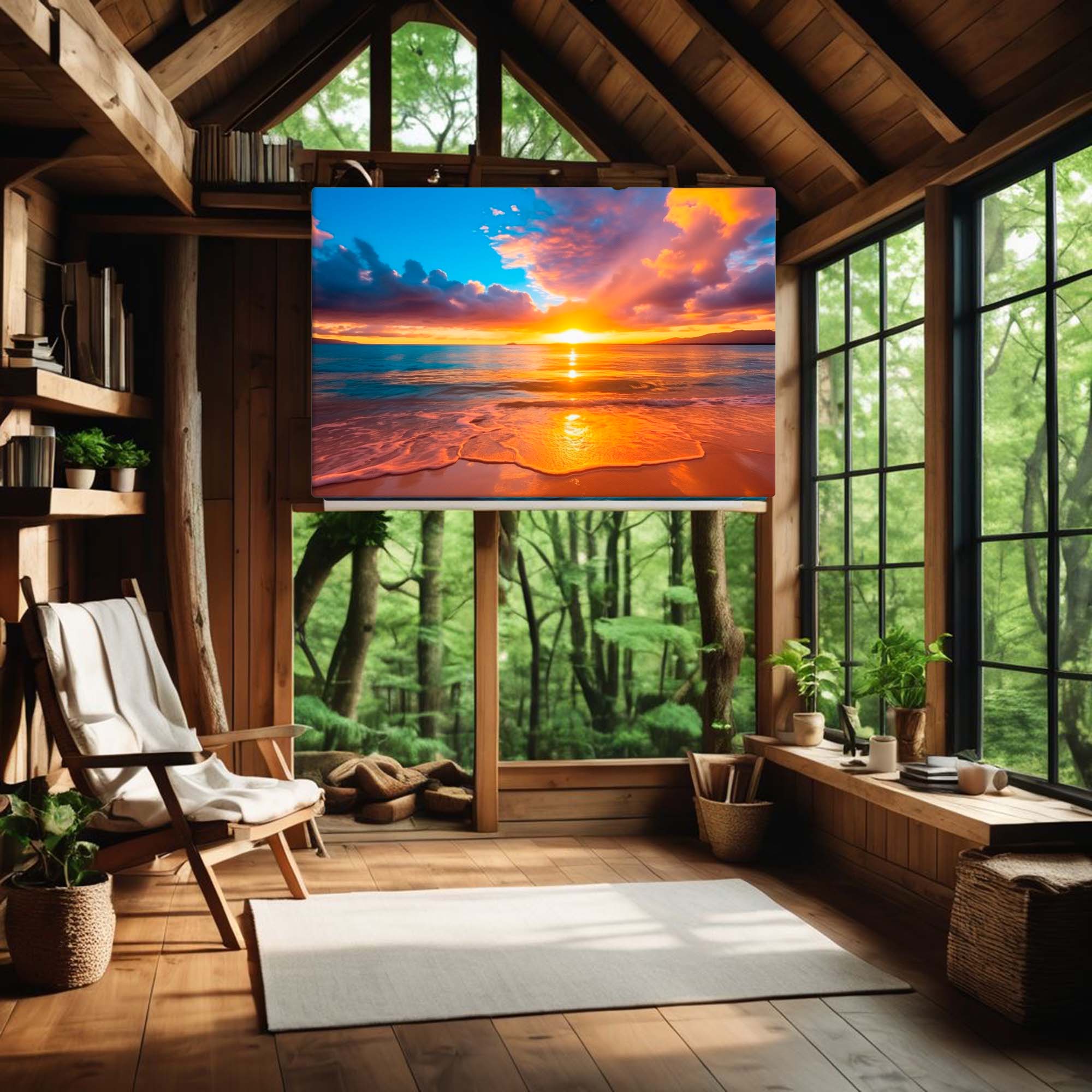 Wooden cabin interior with a large canvas displaying a sunset over a forest.