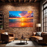 Living room with a large sunset canvas on a brick wall.