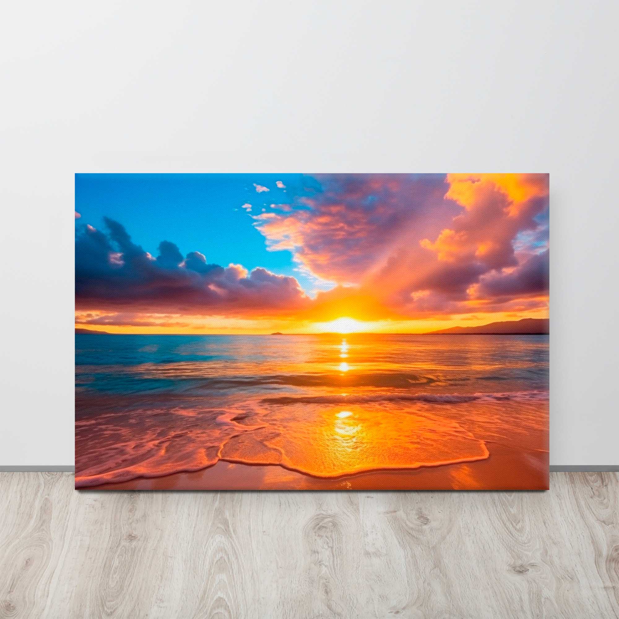 Beach sunset with vibrant colors on a wall panel.
