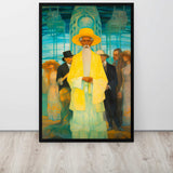 Framed painting of a man in a yellow hat and coat standing among other people in an urban setting.