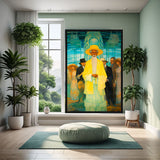 Carnival of Colors colorful clown canvas displayed in a family room