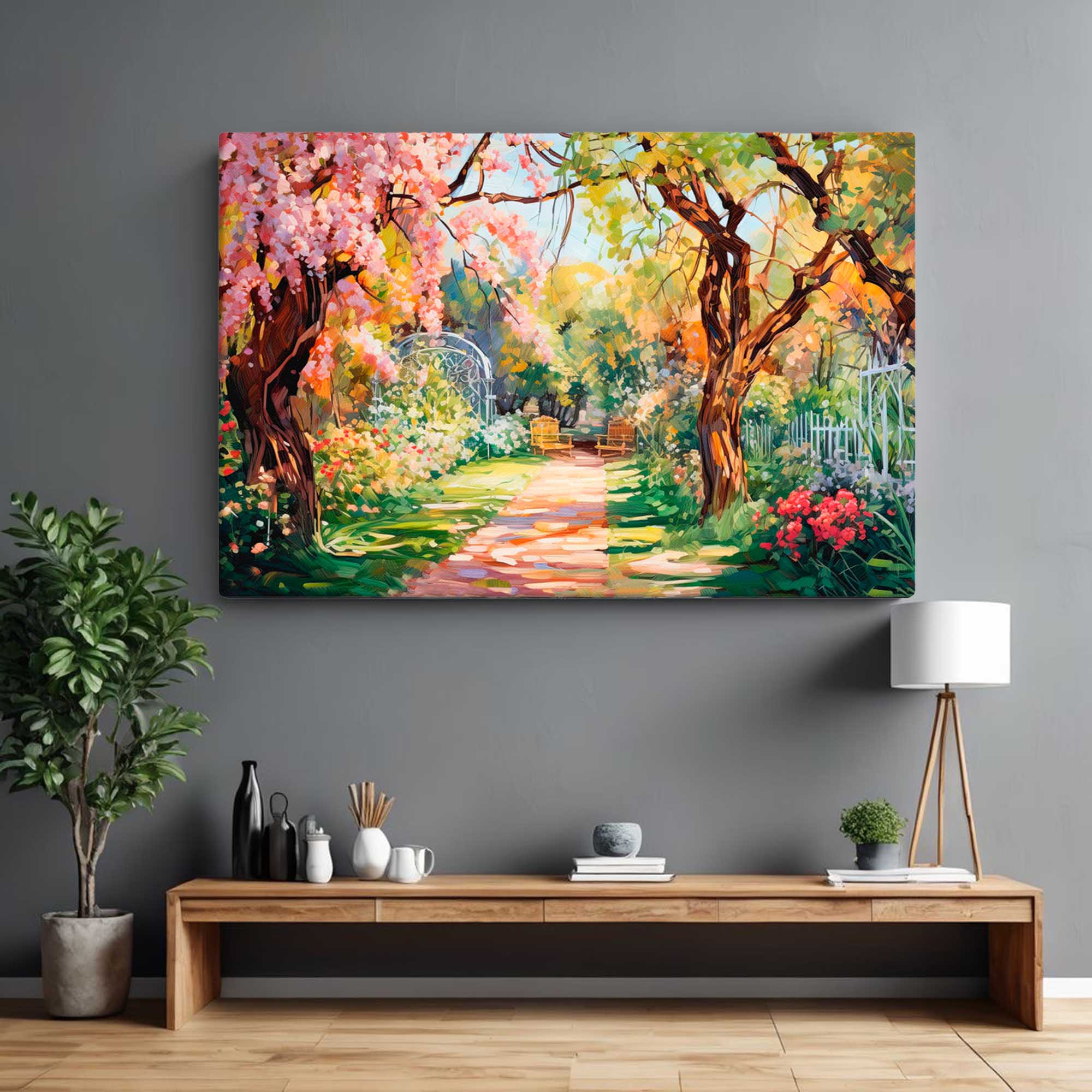Charming Flower Garden Painting – Art Fusion canvas print of a flower-filled patio garden atmosphere – Art Fusion Store