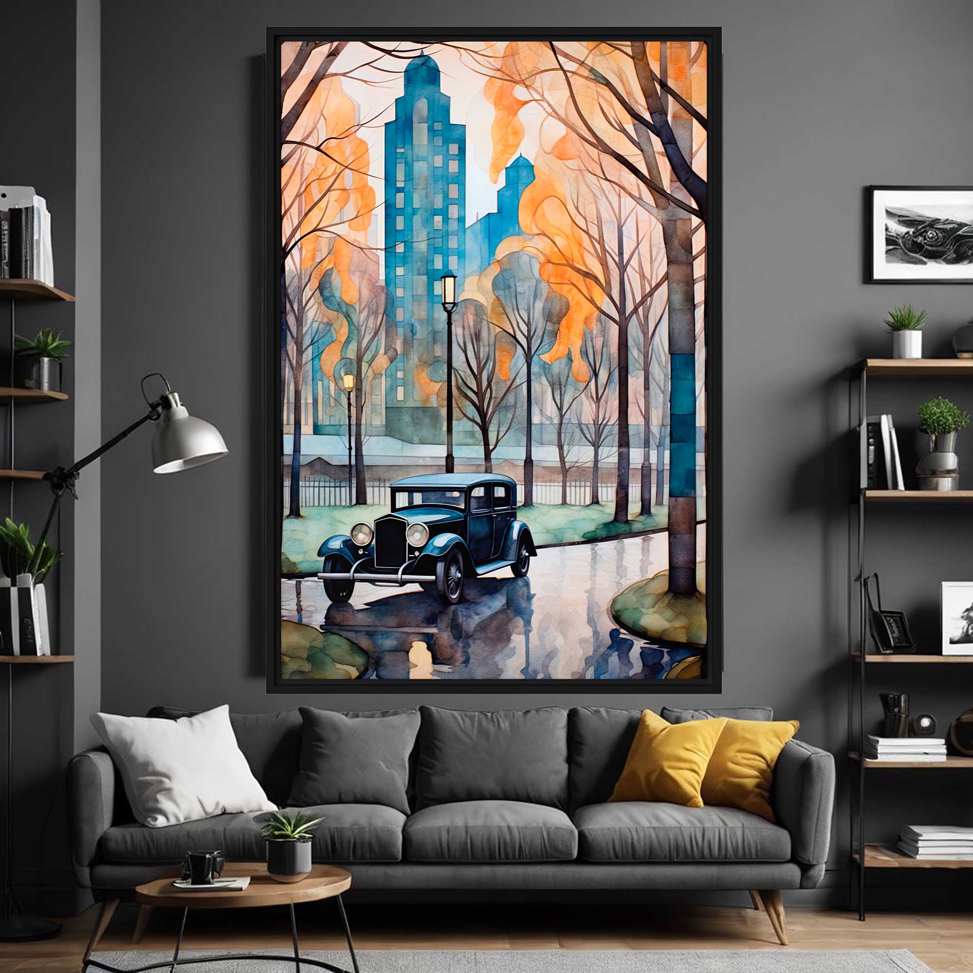 Gray sofa with decorative pillows in a living room setting, featuring a large framed painting of a city street scene.