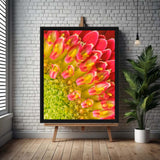 Framed artwork of pink flowers on a brick wall background - Art Fusion Store