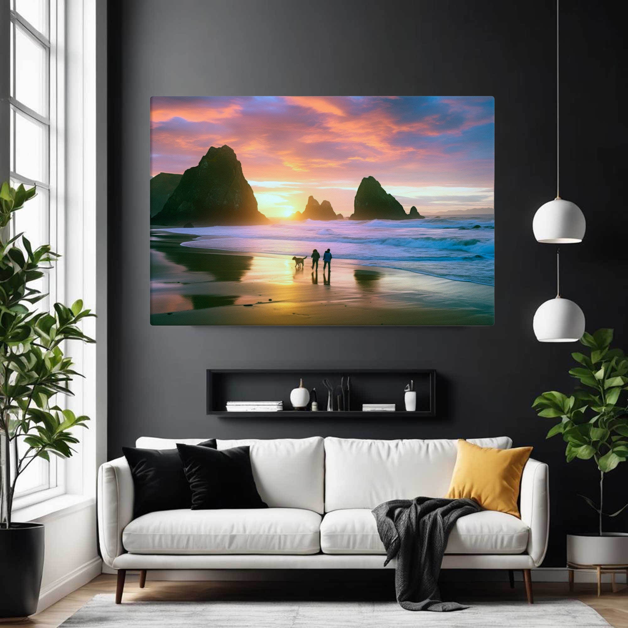 Living room with a large TV displaying a beach sunset scene above a white sofa.