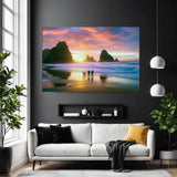 Living room with a large TV displaying a beach sunset scene above a white sofa.