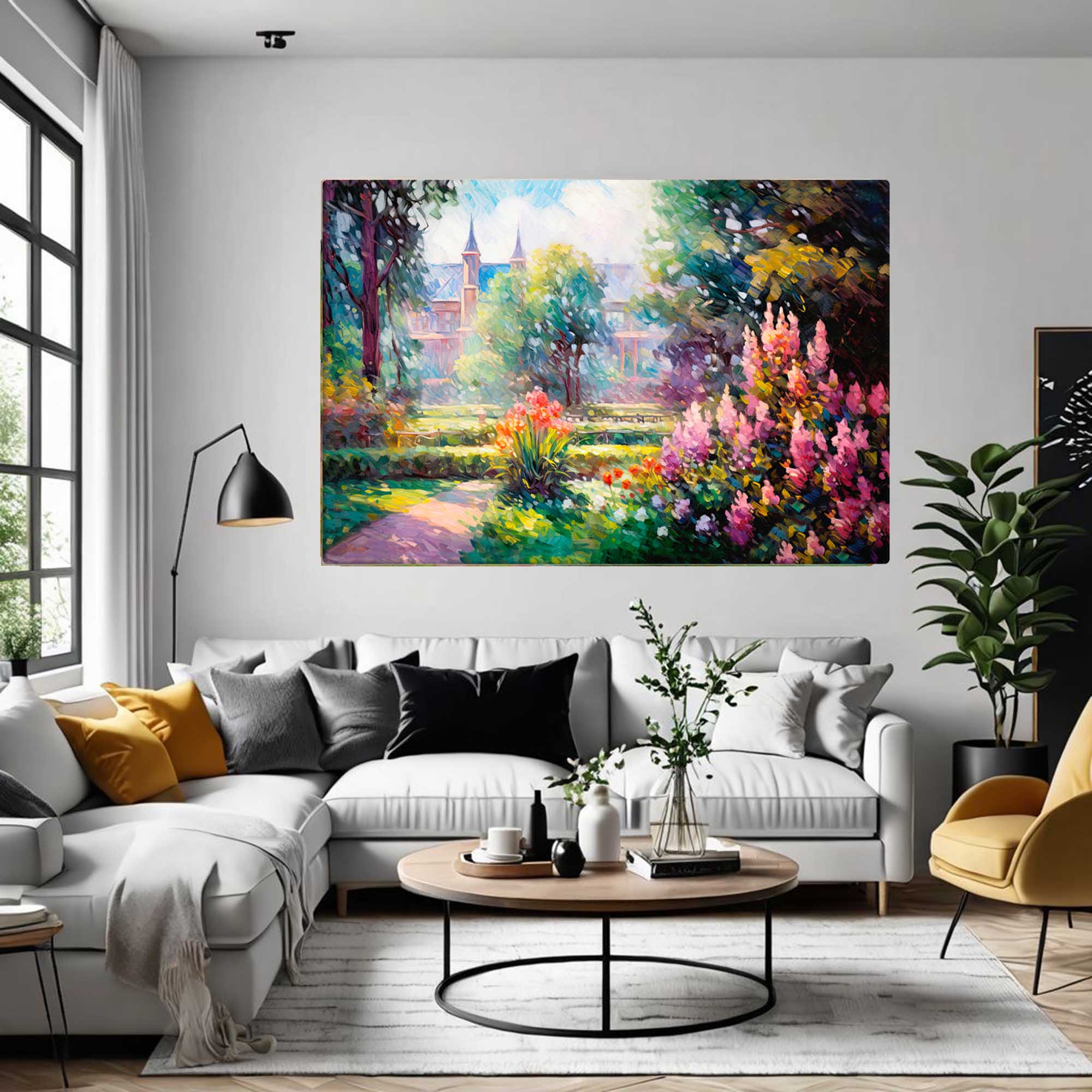 Country pathway canvas displayed in a family room