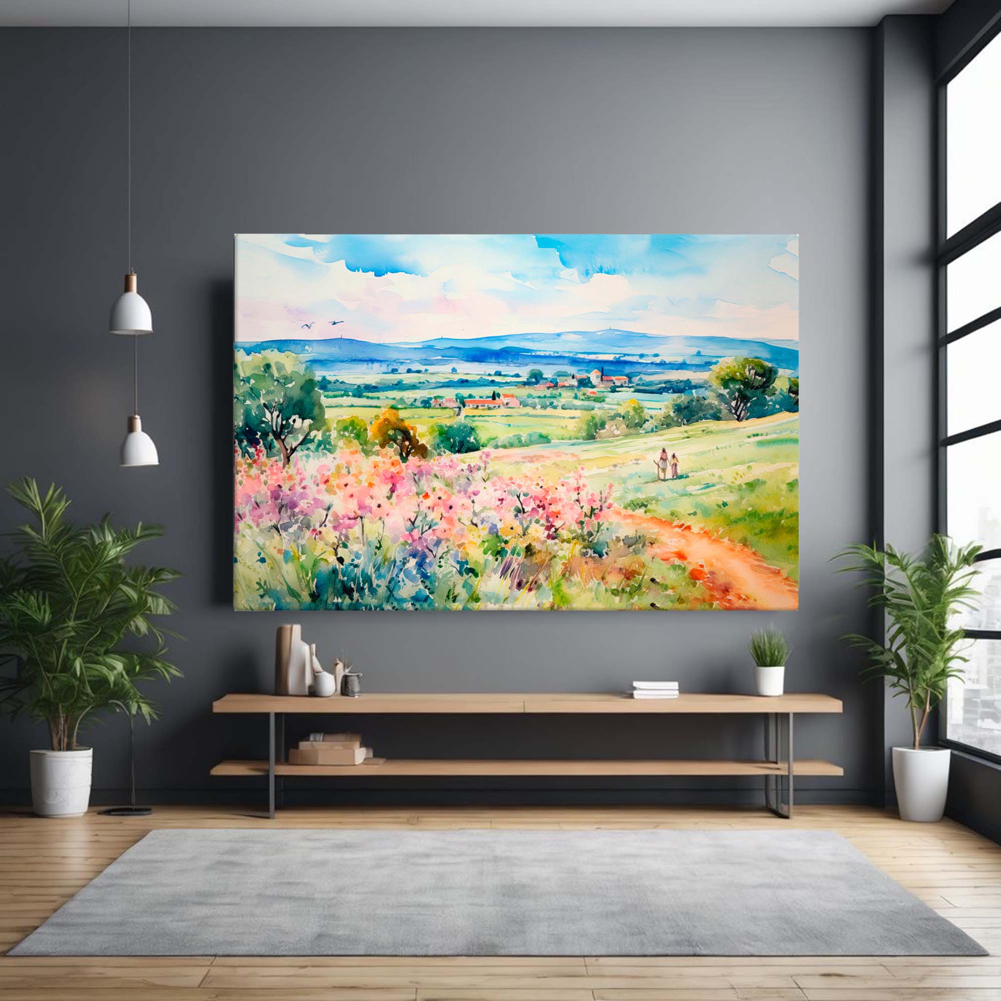 Countryside sunrise art print on a soft neutral wal
