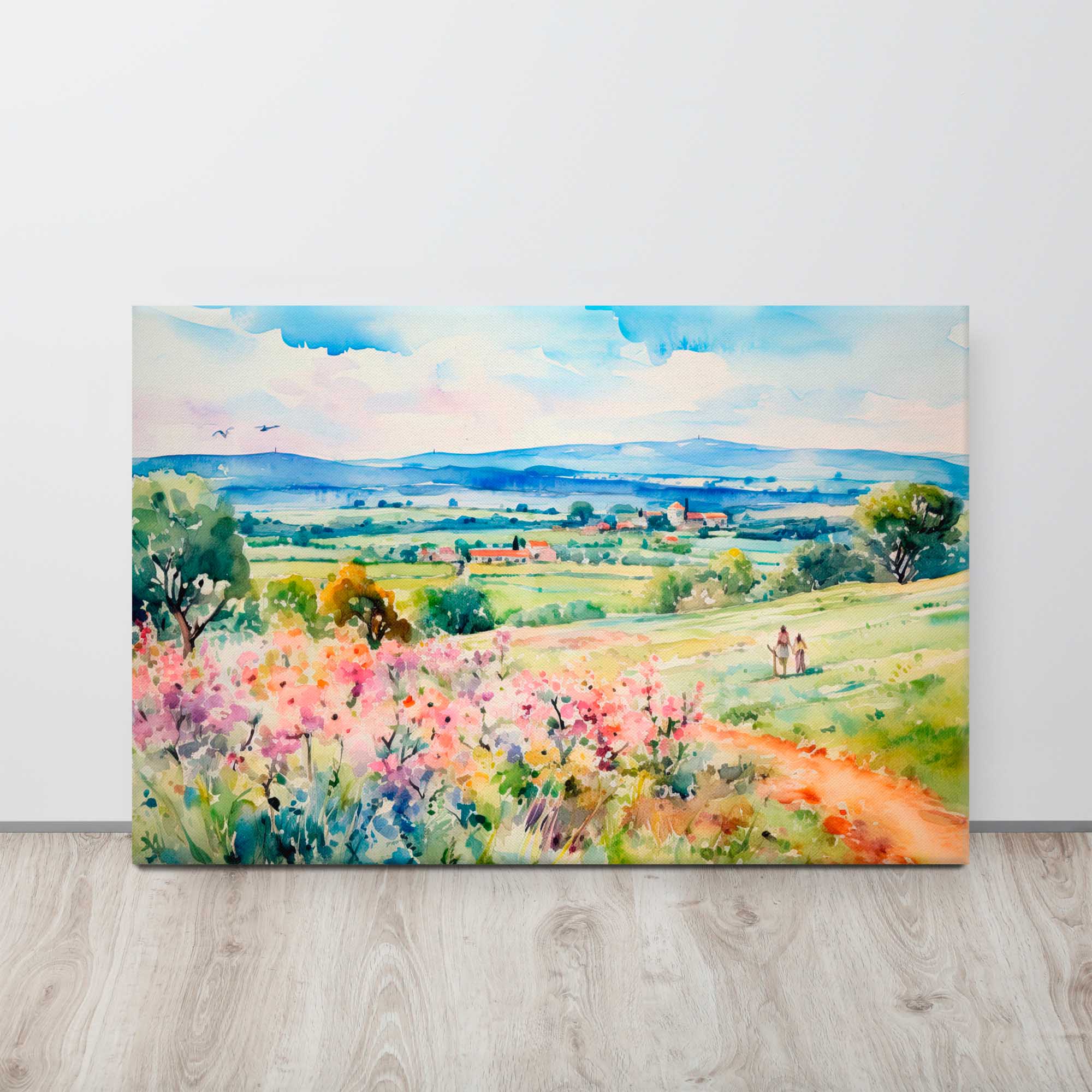 Countryside sunrise art print on display