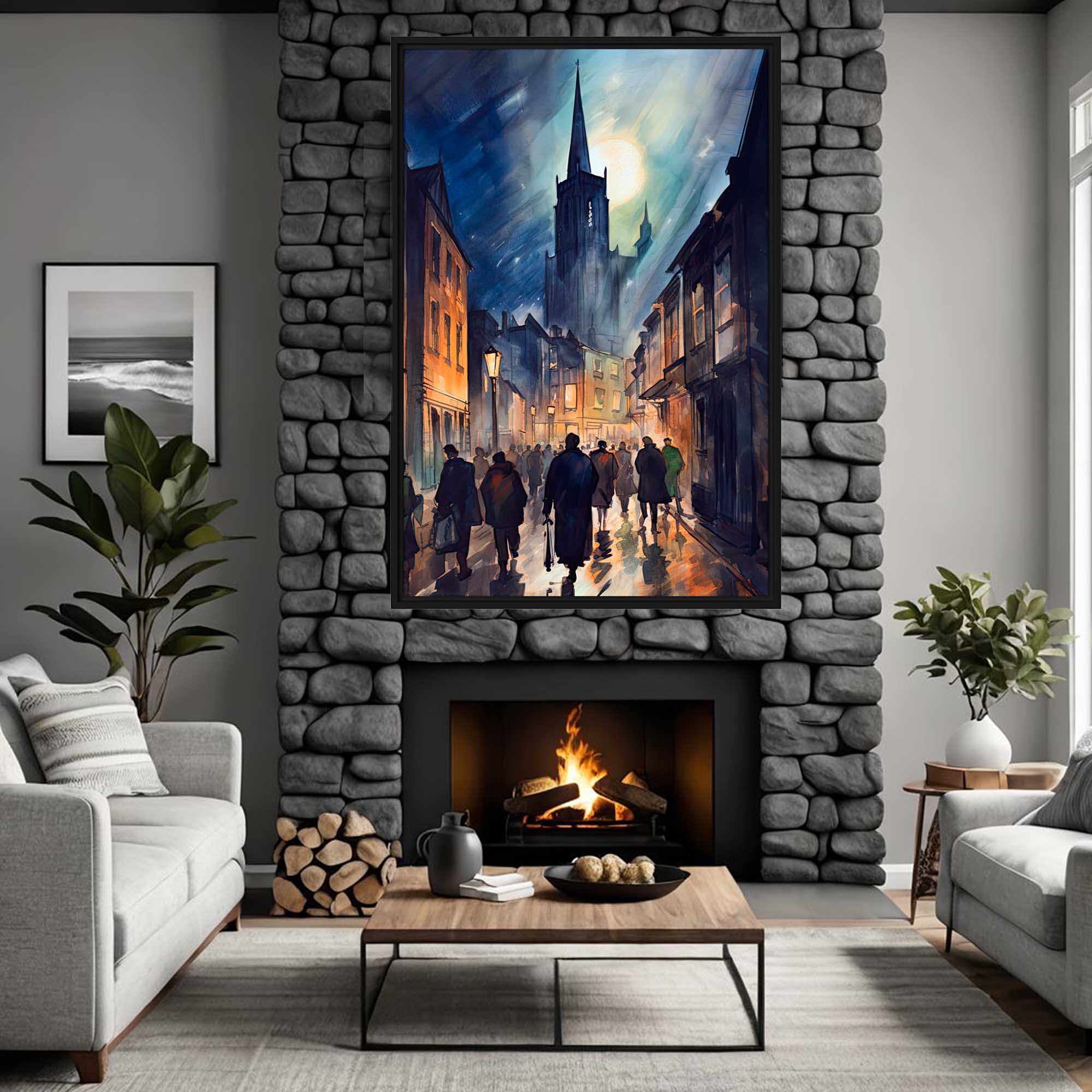 Living room with stone fireplace, painting above, and cozy decor.