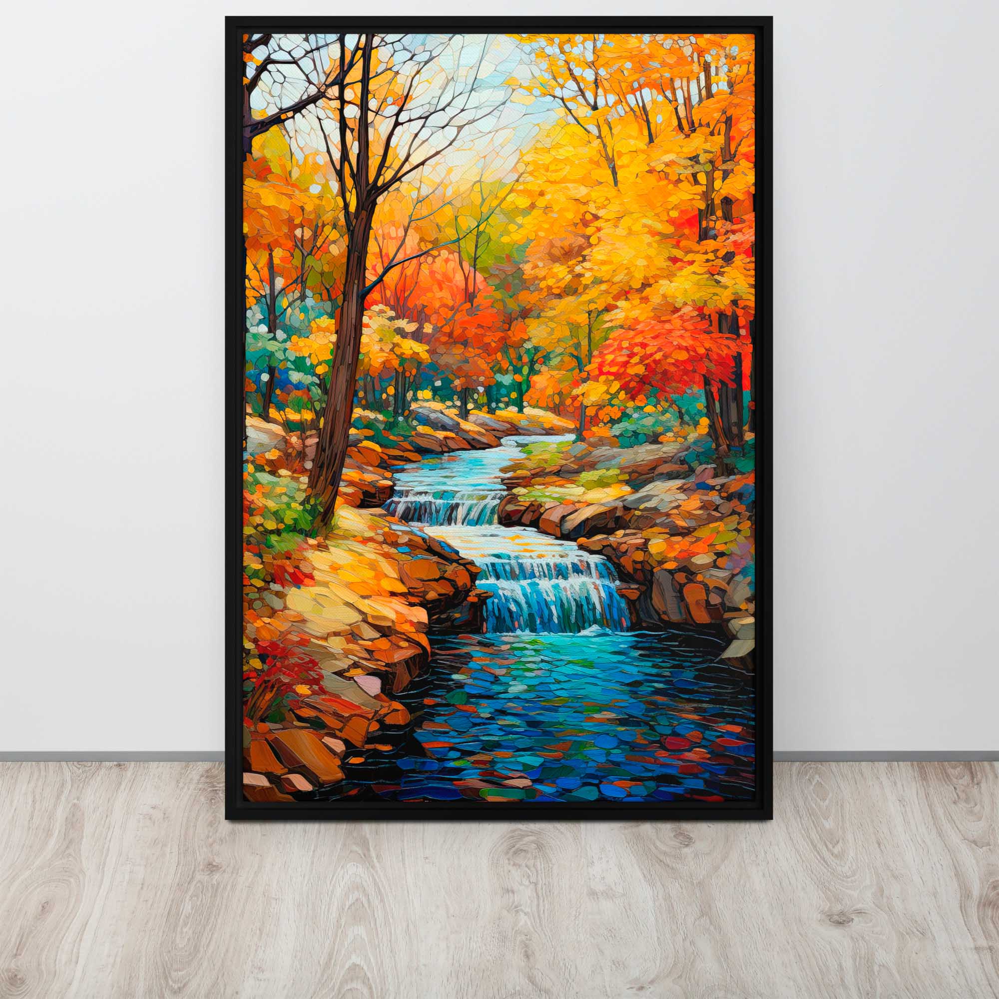 Framed painting of a colorful autumn landscape with a stream and trees.