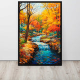 Framed painting of a colorful autumn landscape with a stream and trees.