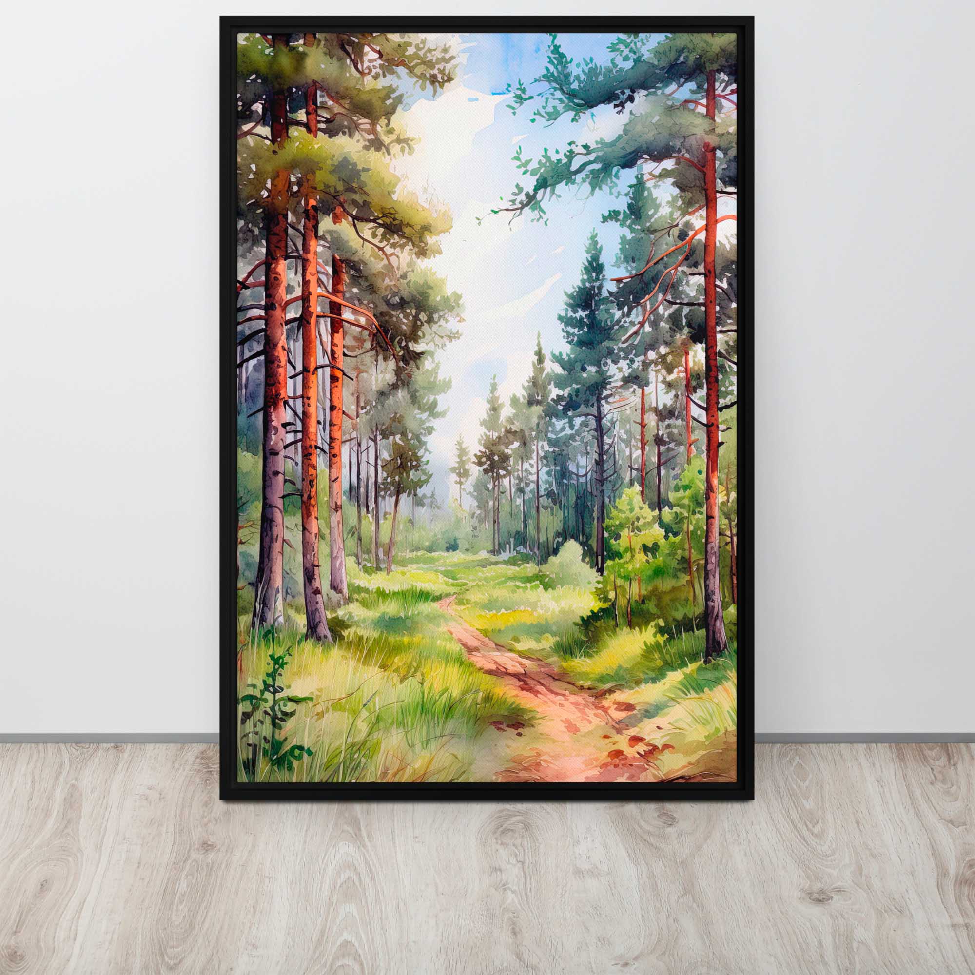 Framed painting of a forest scene with a path on a white wall.