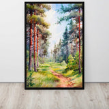 Framed painting of a forest scene with a path on a white wall.
