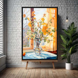 Eternal Bouquet – Art Fusion Framed Canvas Framed artwork of a vase with flowers on a stand against a brick wall.