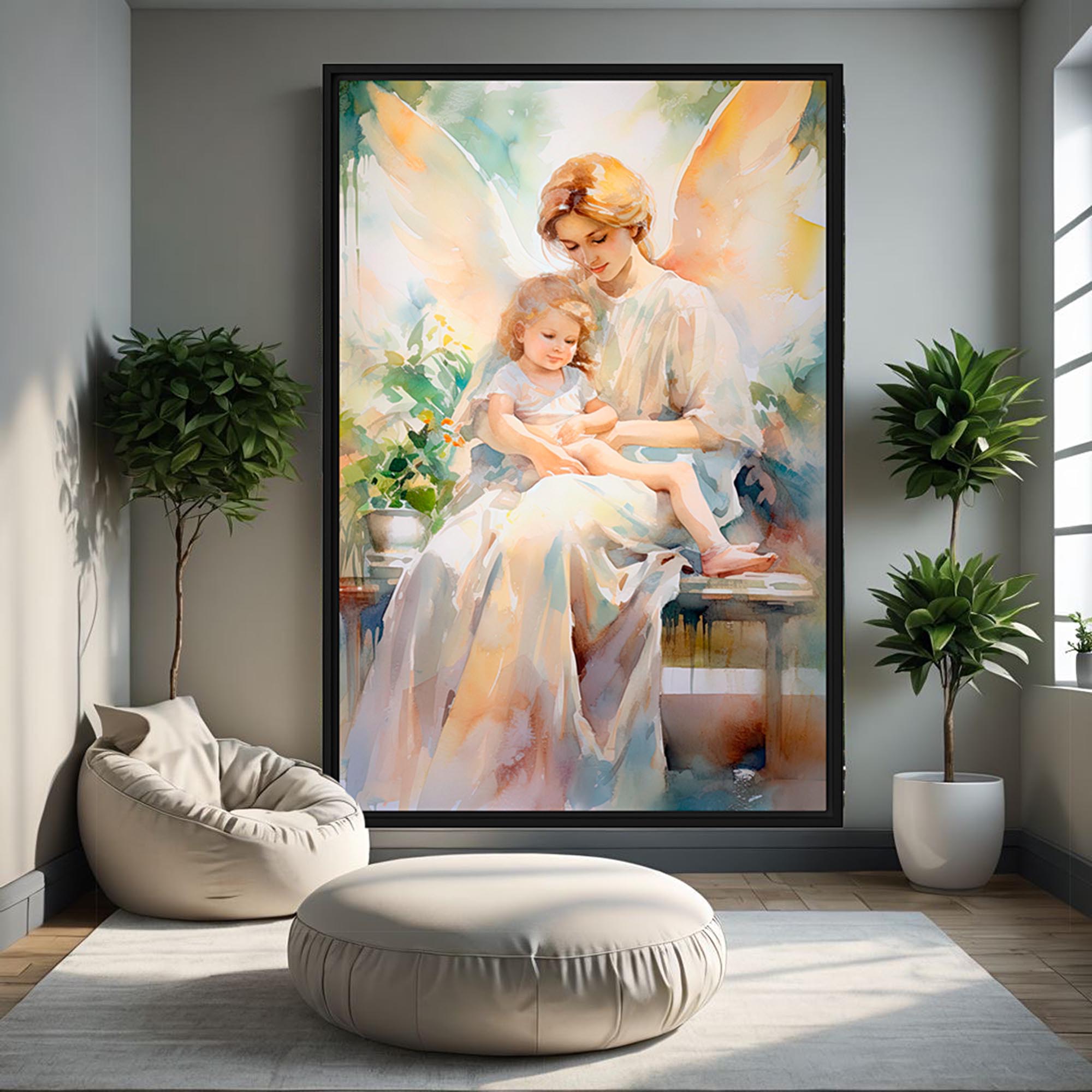 Eternal Love – Art Fusion Framed Canvas - Framed artwork of an angel with a child in a modern living room.