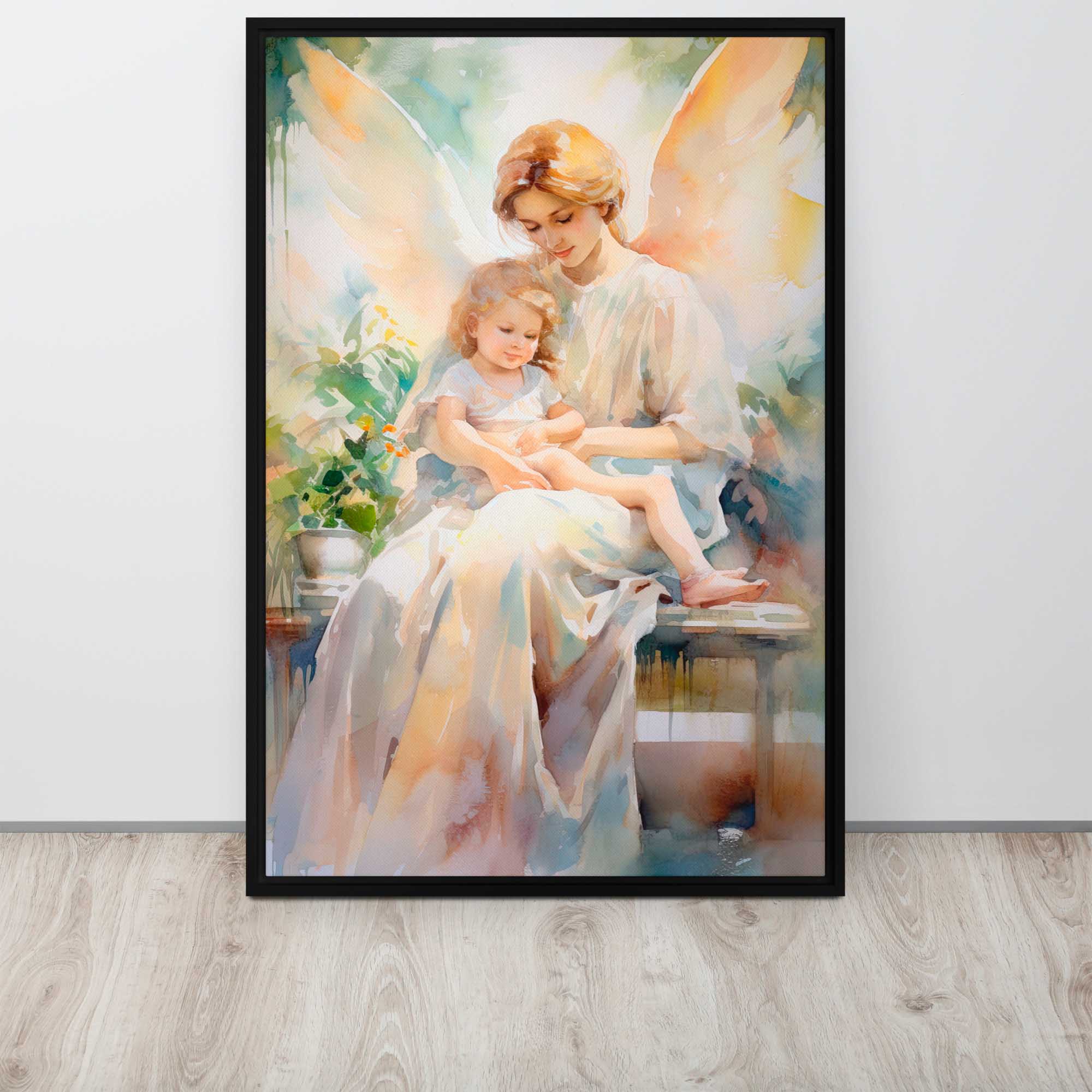  Eternal Love – Art Fusion framed canvas of a couple in an intimate portrait – Art Fusion Store Framed artwork of a fairy with a child on a table against a white wall.