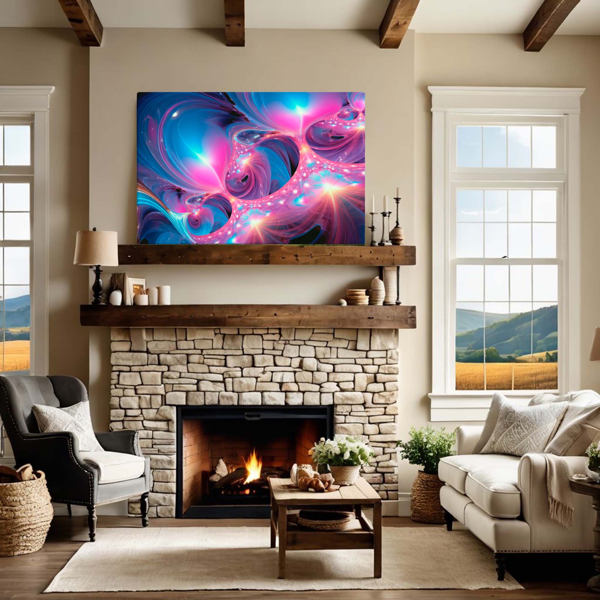 Ethereal Dimensions – Abstract Digital Canvas  above a fireplace in family room