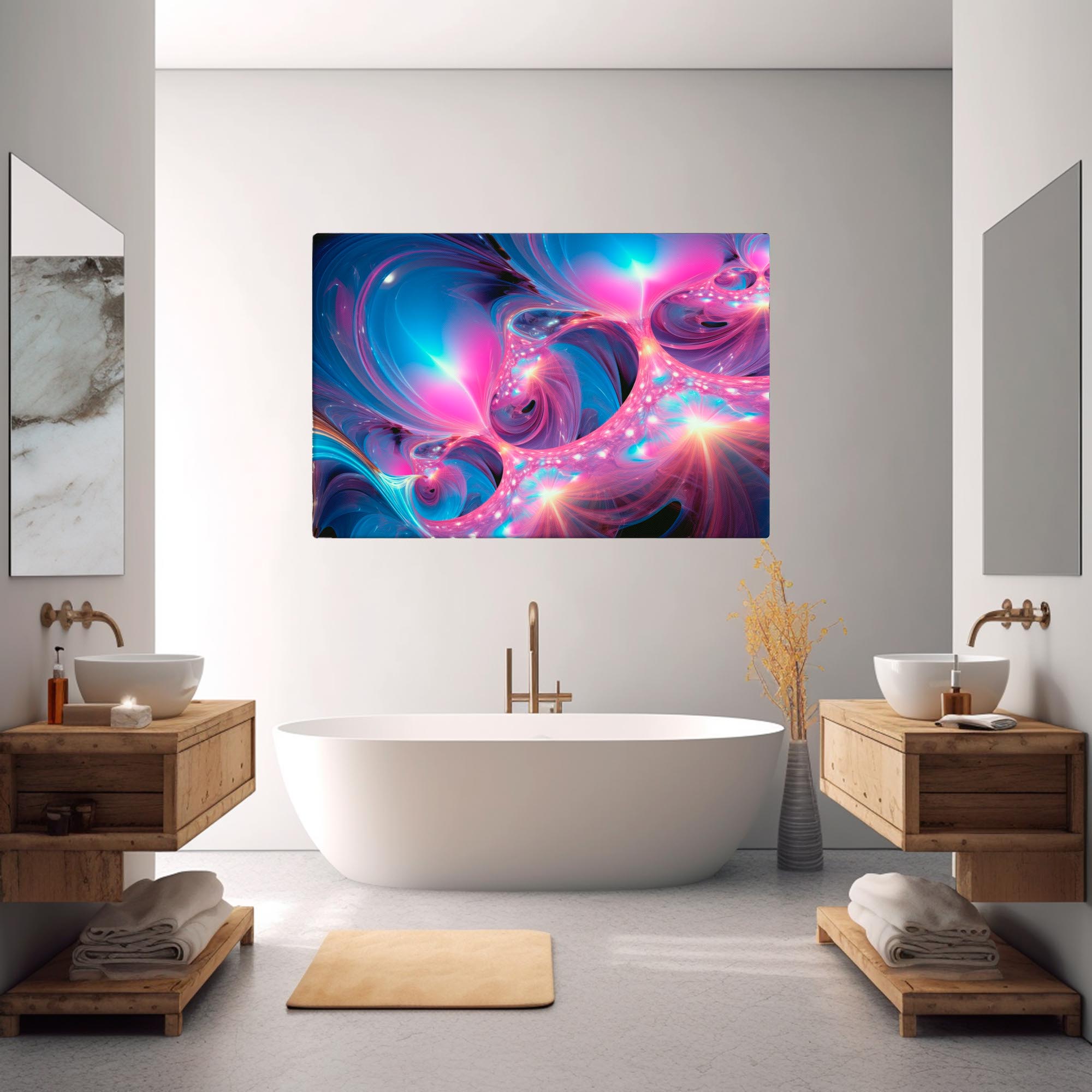 Ethereal Dimensions – Abstract Digital Canvas  above a bath tup in a luxury bathroom