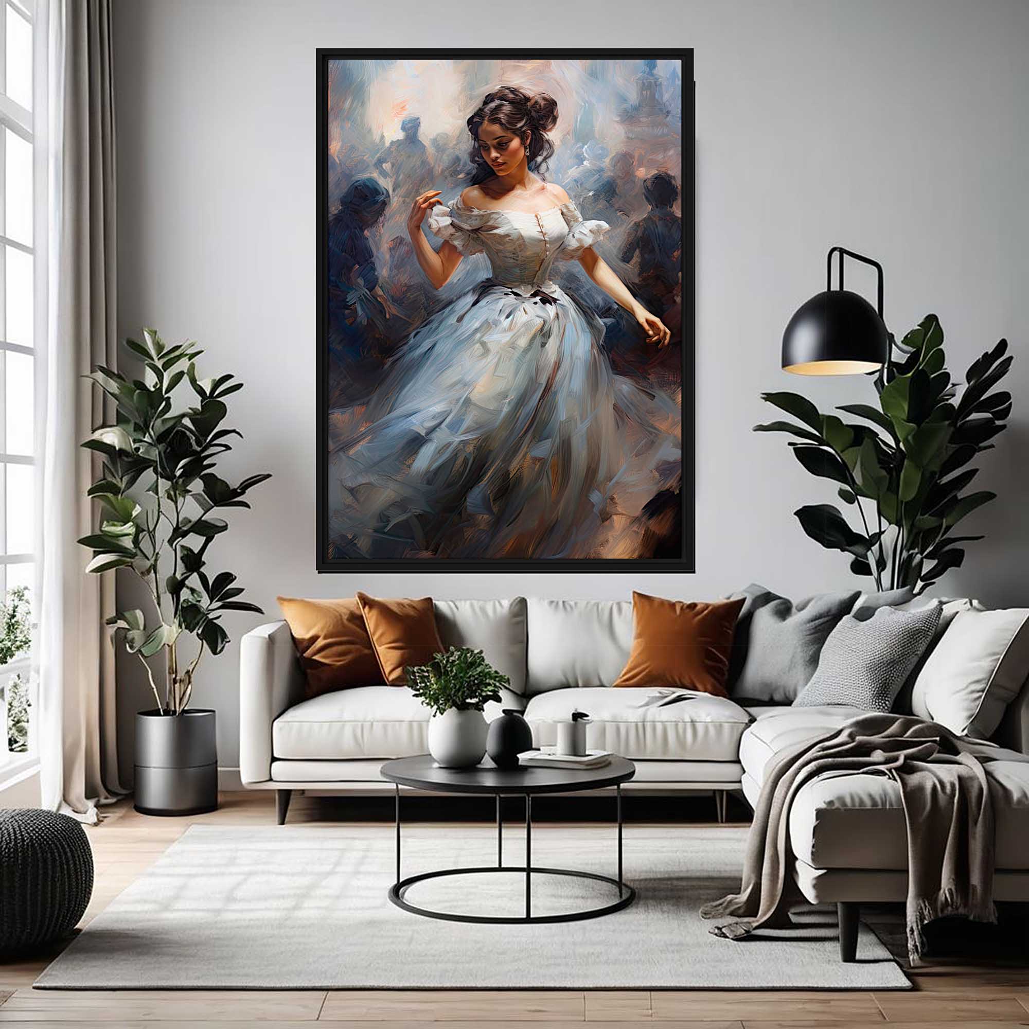 Ethereal Elegance – Art Fusion Framed Canvas Living room with a large painting of a woman in a dress above a sofa.