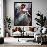 Ethereal Elegance – Art Fusion Framed Canvas Living room with a large painting of a woman in a dress above a sofa.