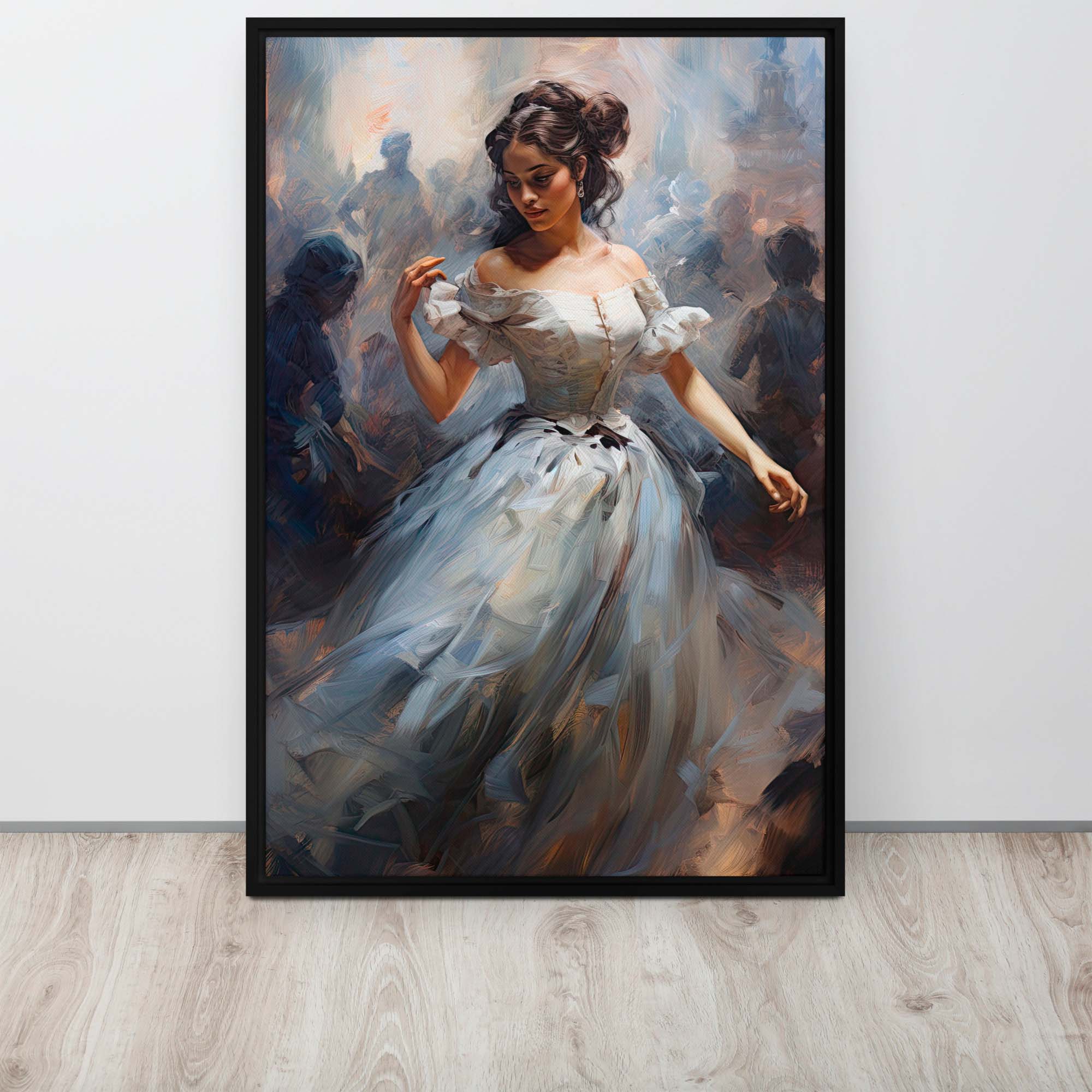 Ethereal Elegance – Art Fusion Framed Canvas Framed painting of a woman in a white dress against a light background