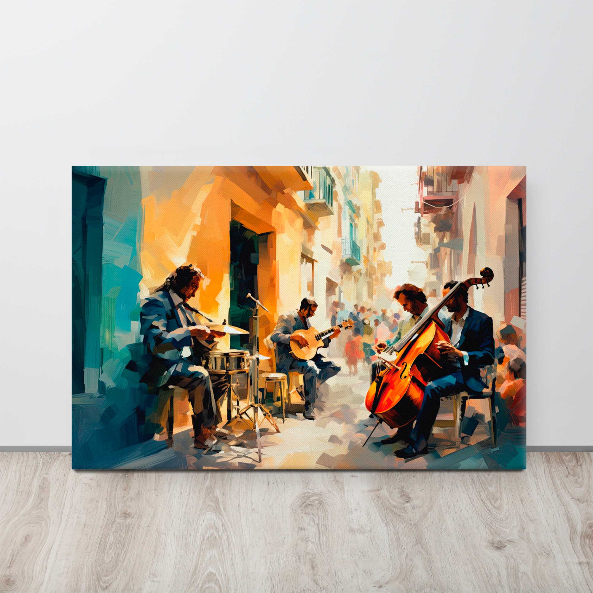 European outdoor music art print on display