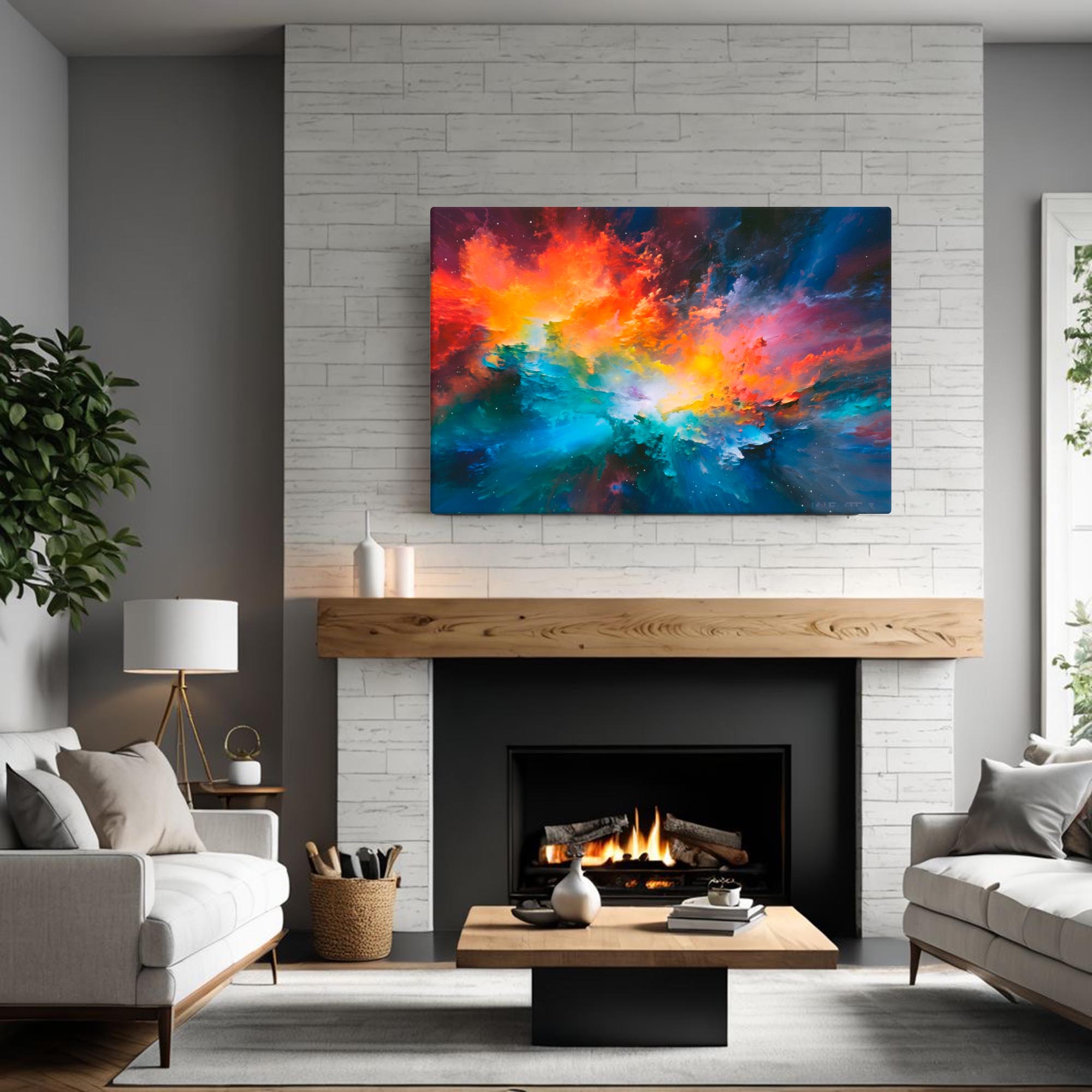 Exploding Light – Abstract Digital Canvas Print over a fireplace