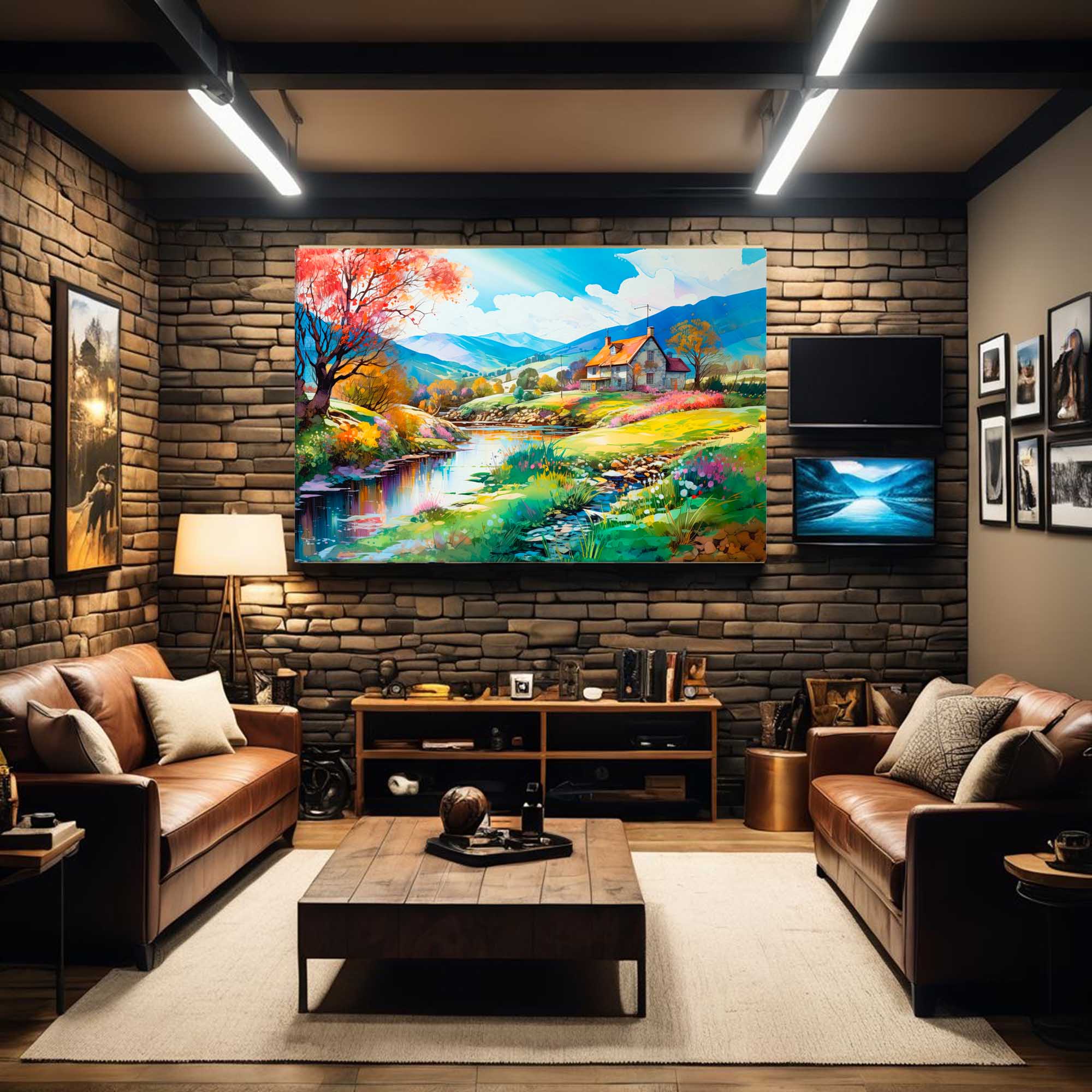  Farmhouse creek landscape art print on a warm wall
