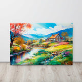  Farmhouse creek landscape art print on display