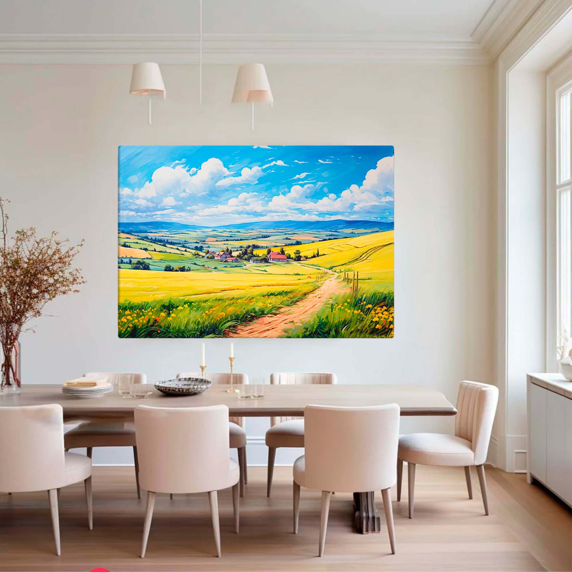 Farmhouse landscape canvas displayed in a kitchen or dining room