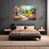 Flower garden canvas print displayed in a bedroom