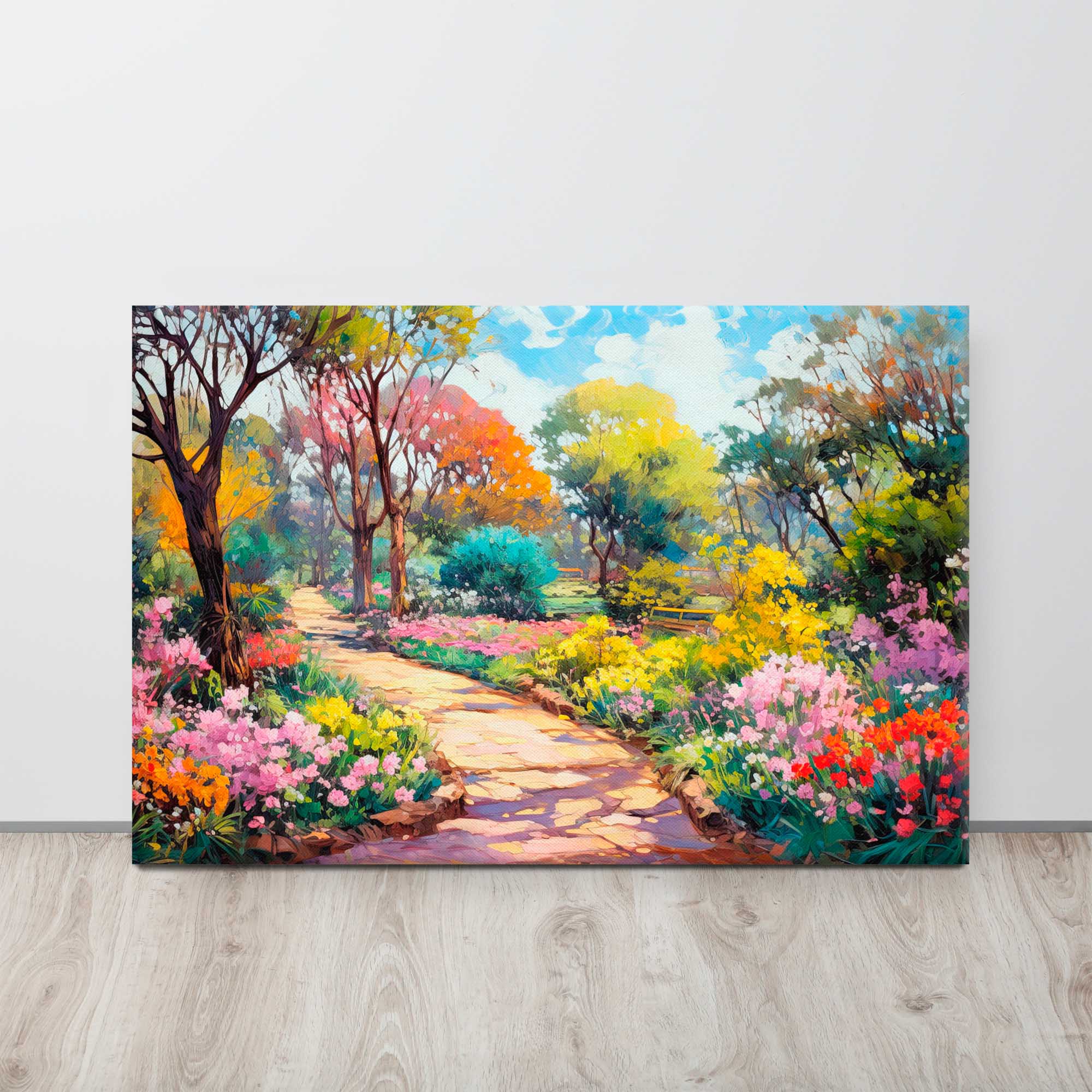 Flower garden canvas print displayed in a bedroom on isplay